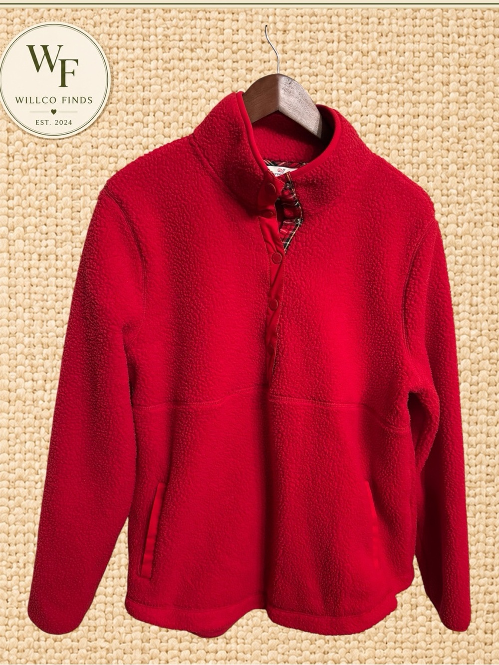 Vineyard Vines Women’s L Red Fleece Snap Pullover Plaid Trim Whale Preppy